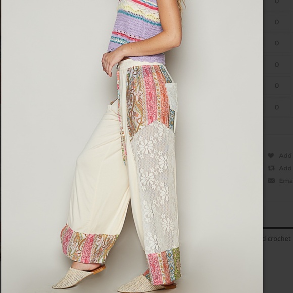 POL 💜 516 POL Wide Leg Jersey and Crochet Lace Mix Floral Pants SR18 - Picture 5 of 6